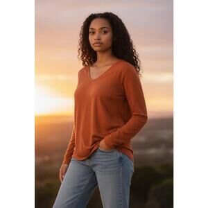 Women’s Rust Orange Long Sleeve V-Neck Top XL Soft Stretch Basic Blouse Preloved